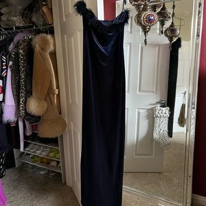 Dark blue velvet feather trim maxi dress